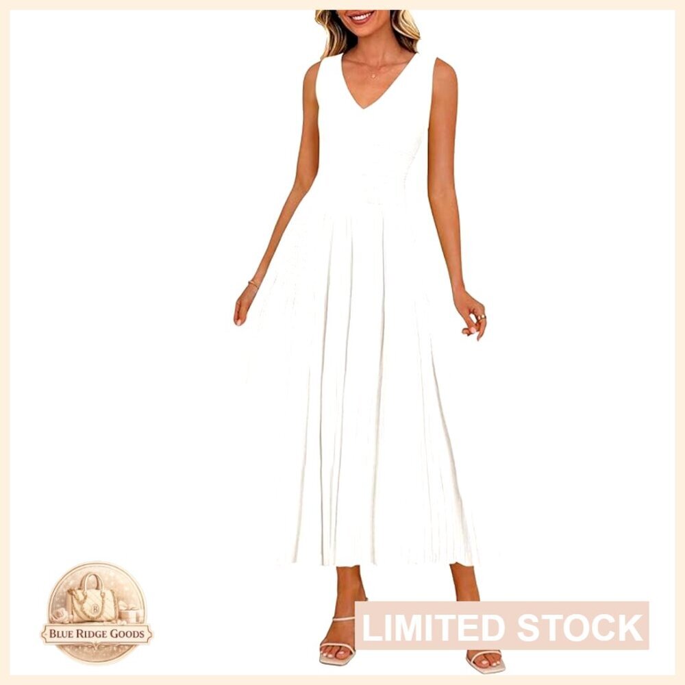 V-Neck Sleeveless Midi Dress A-Line Knit Cocktail Wedding Guest Elegant